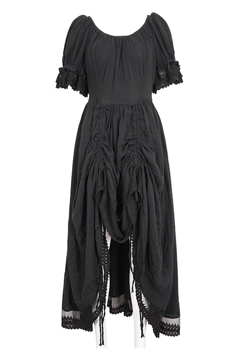 Schwarzes Gothic-Kleid mit kurzen Ärmeln und Rüschen und Kordelzug für Damen