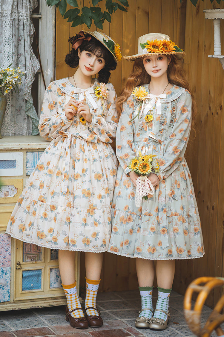 Green [Gardening Sunflower] Long Sleeves Print Ruffle Bowknot Sweet Elegant Lolita Dress