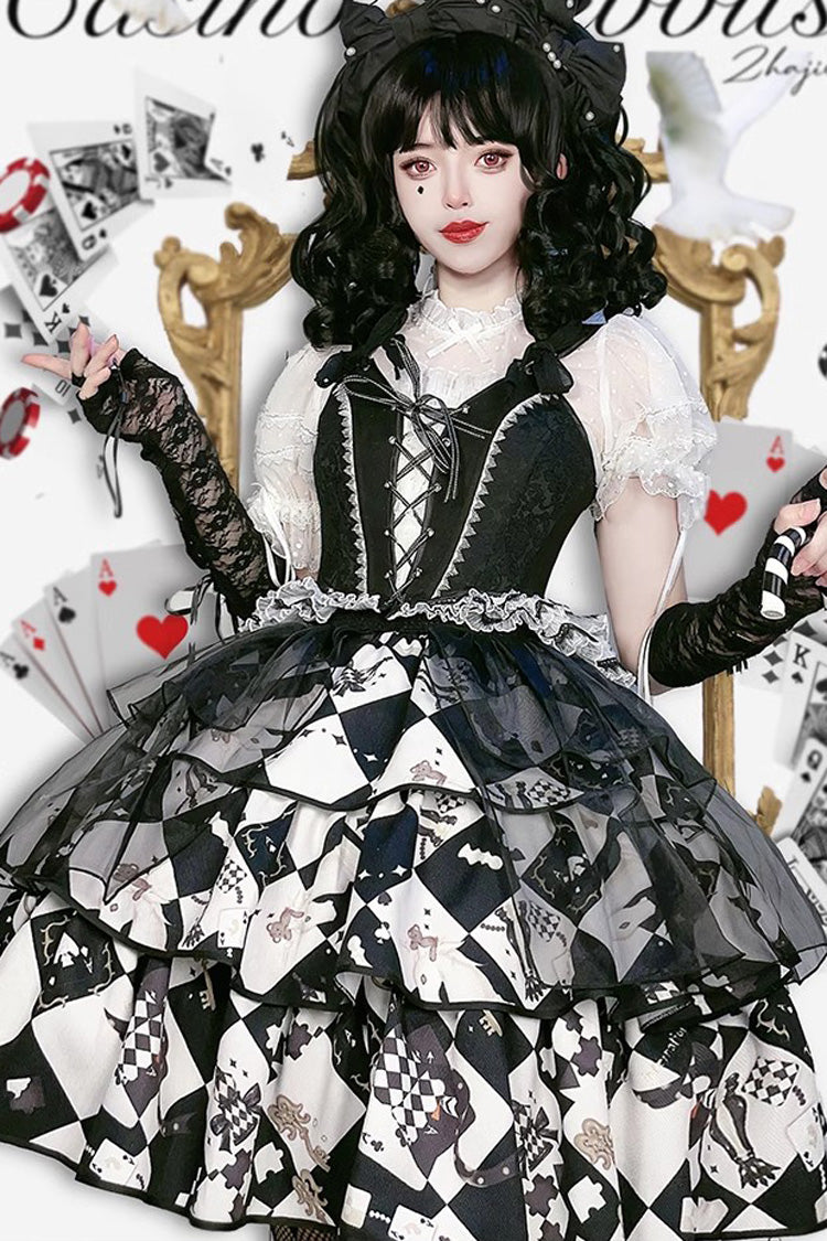 Black/White [Board Games] Triple-Layered Print Ruffle Vintage Lolita Skirt