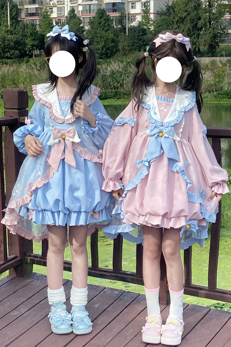 Blue Long Sleeves Music Notes Print Ruffle Bowknot Lace Sweet Lolita Dress