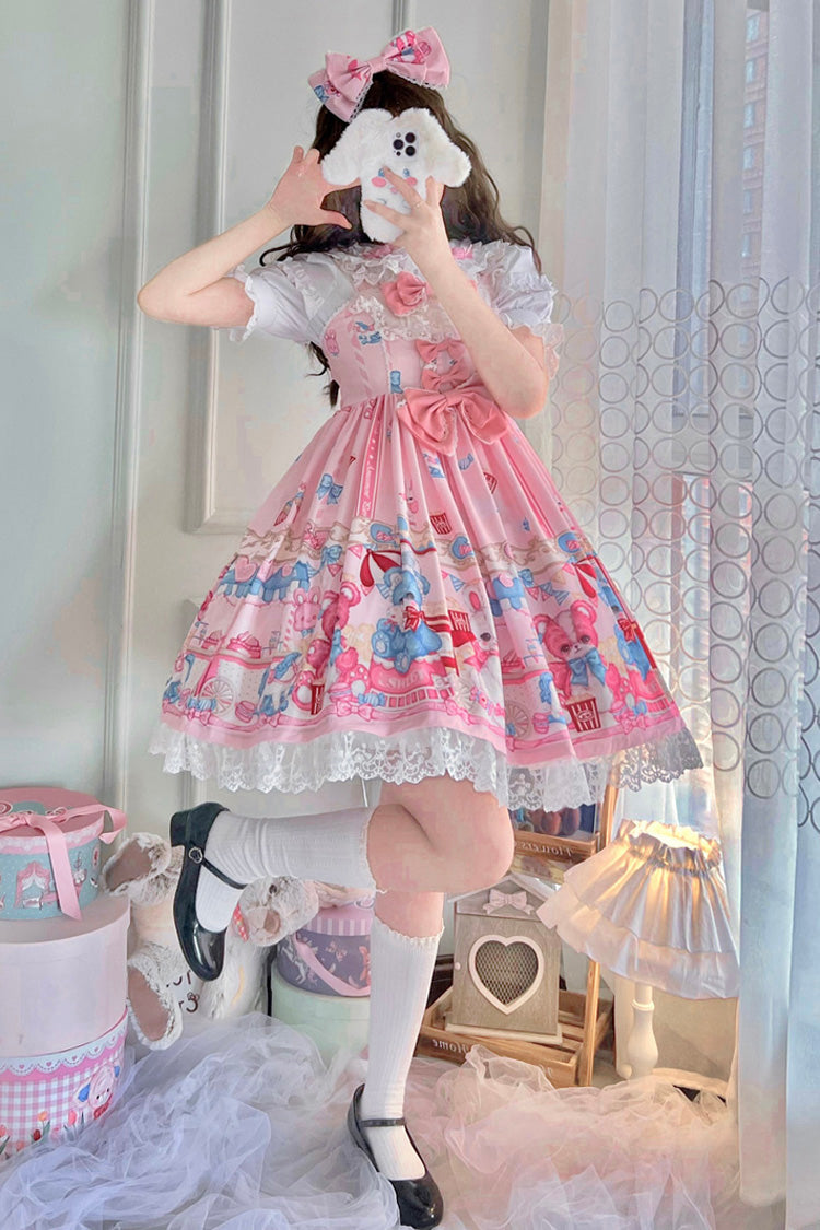 Pink Doll Playground Print Ruffle Bowknot Sweet Lolita Jsk Dress