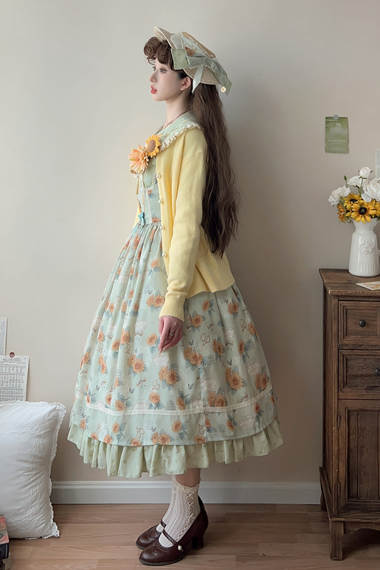 Green [Gardening Sunflower] Sleeveless Print Ruffle Bowknot Sweet Elegant Uplift Lolita Jsk Dress