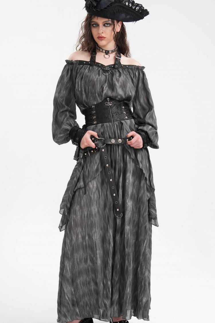 Schwarzer, langer Rock mit Rüschen und Schnürung im Gothic-Stil für Damen mit Ösen und Nieten