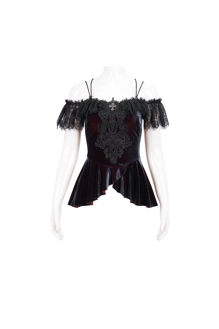 Red Stretch Velvet Eyelash Lace Short-Sleeved One-Shoulder Women's Gothic Strap T-Shirt