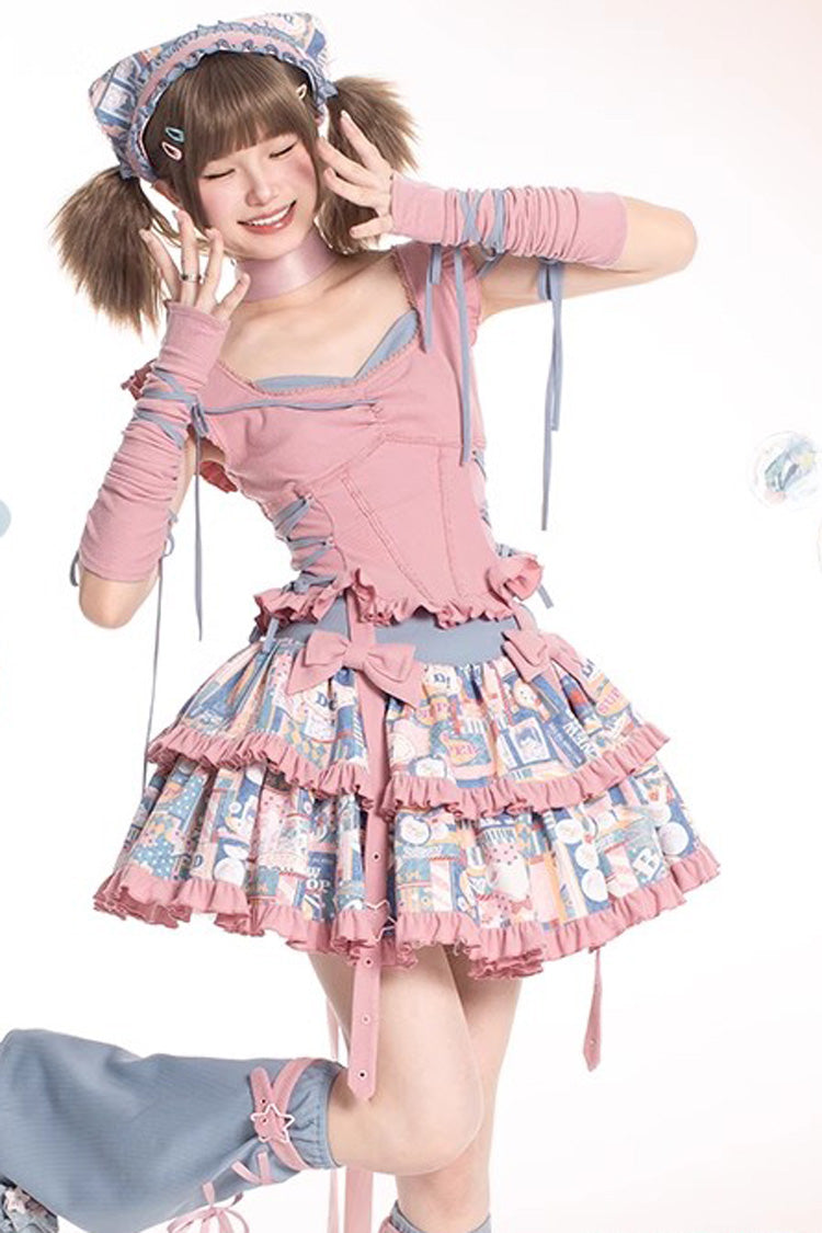 Pink Double-Layered Pop Advertising Paper Print Ruffle Bowknot Sweet Lolita Skirt Set