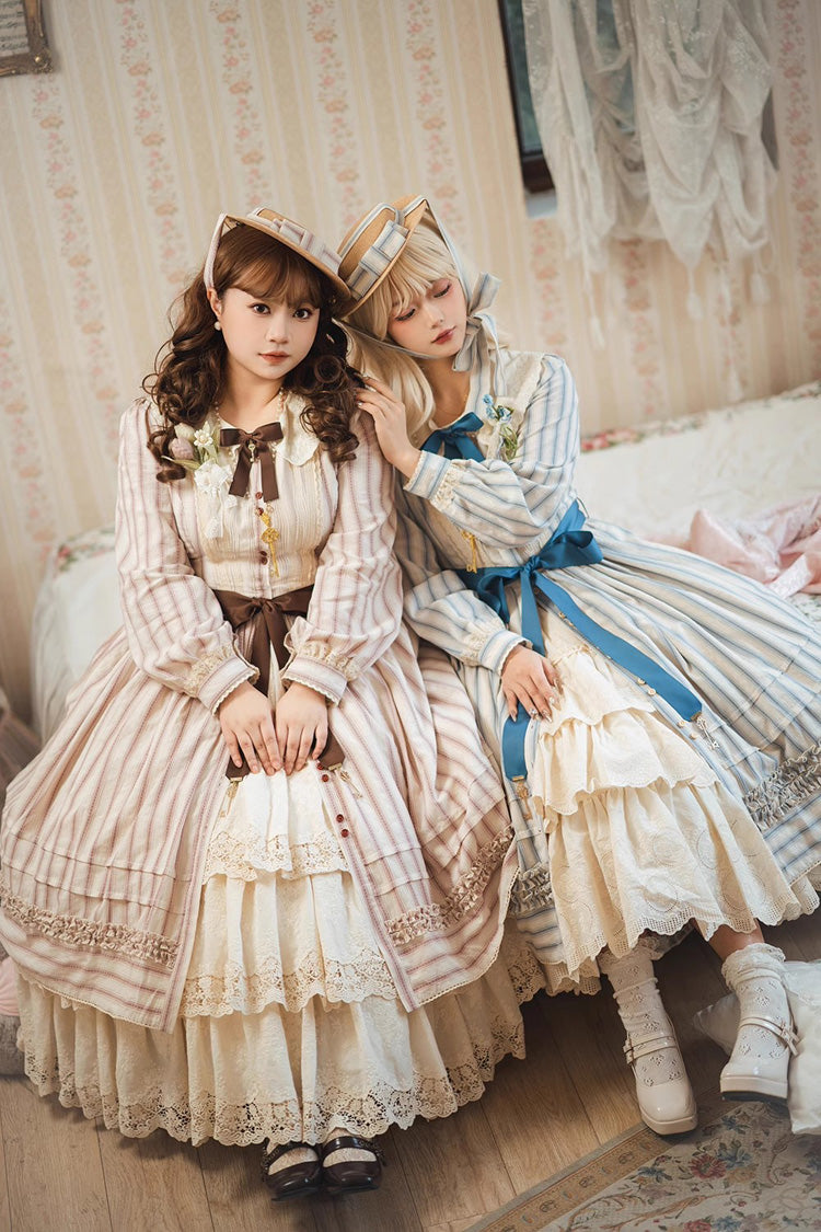 Forest Atlas Striped Print Long Sleeves Bowknot Sweet Lolita Dress 3 Colors