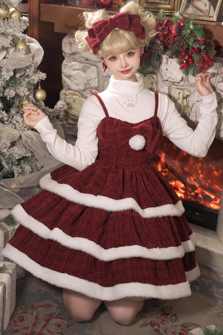 Rotes [Weihnachtslied] Süßes Lolita Jsk-Kleid mit dreilagiger Schleife