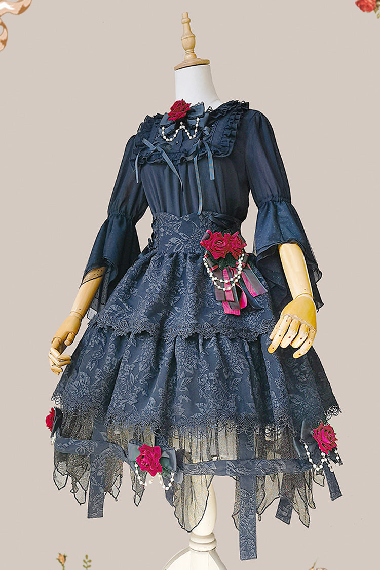 Black [Apprentice Witch] Double-Layered Ruffle Lace Gothic Lolita Skirt