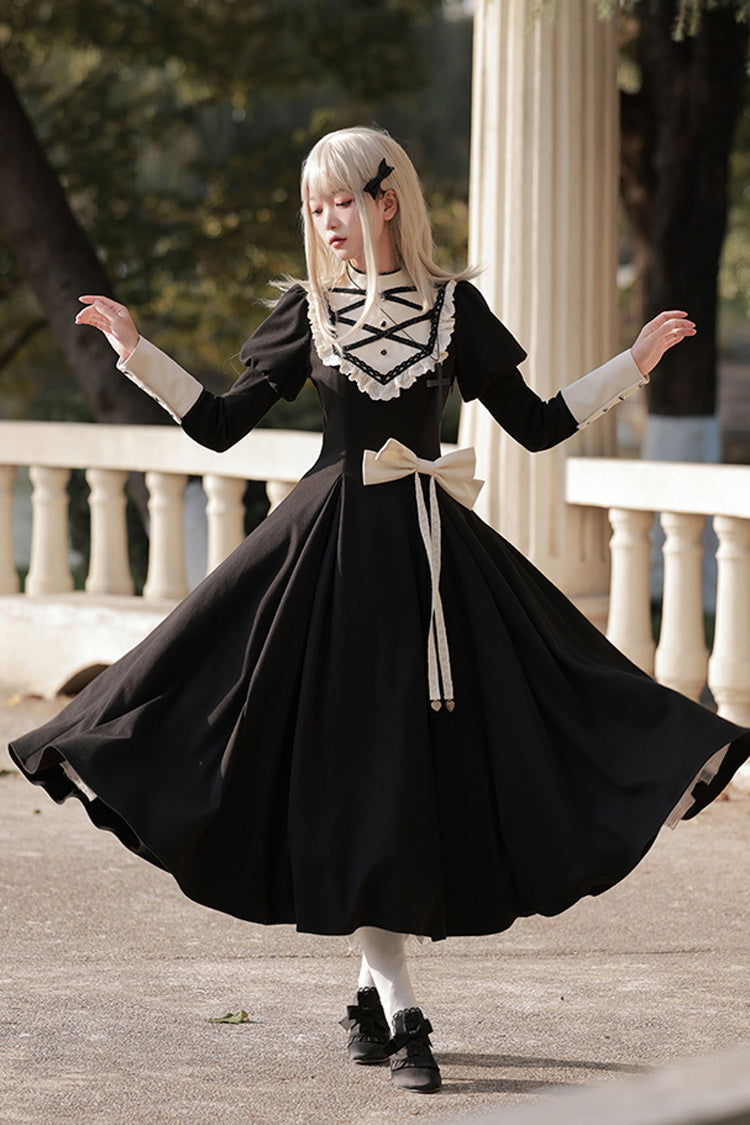 Schwarzes Lolita-Kleid im Nonnenstil mit Stehkragen und langen Ärmeln, Rüschen und Schleife