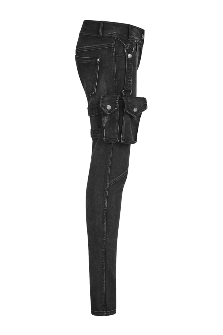 Black Removable Pocket Buttonhole Trim Skinny Stretch Denim Women's Punk Trouser