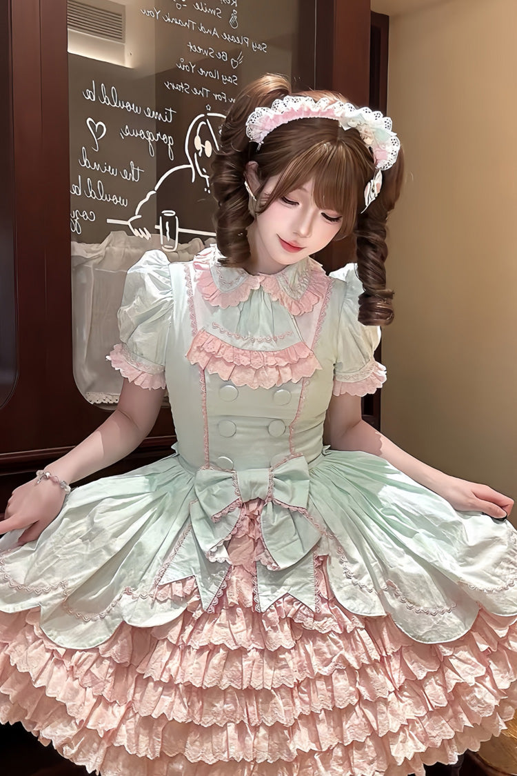 Pink/Green [Honeydew Melon Parfait] Short Sleeves Multi-Layered Ruffle Bowknot Sweet Lolita Dress