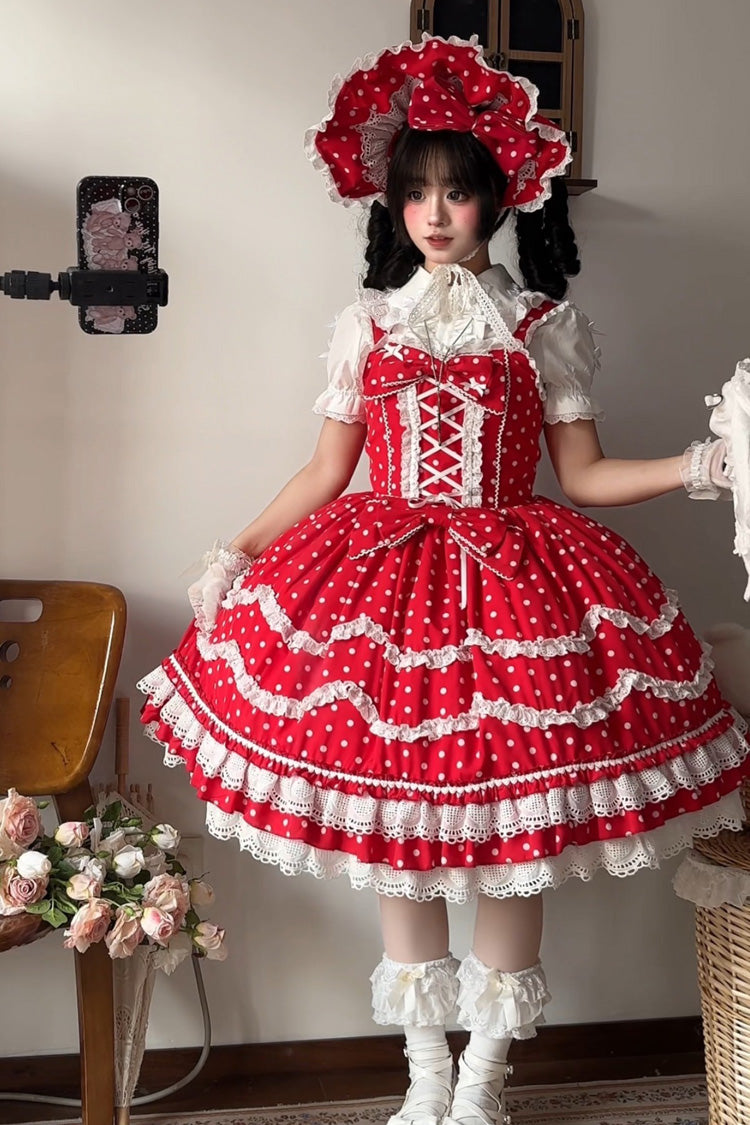 Red Polka Dots Print Ruffle Bowknot Lace-Up Sweet Lolita Dress