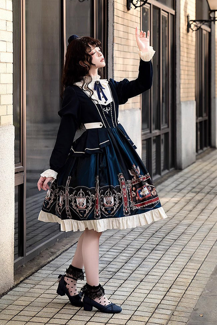 Chocolate Academy Long Sleeves Print Ruffle Vintage College Style Elegant Lolita Dress 2 Colors (Includes petticoat)