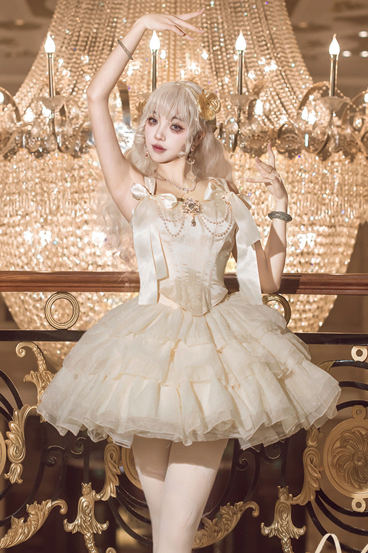 Champagne [Cream Polka Dots] Sleeveless Jacquard Bowknot Slim Sweet Ballet Lolita Skirt Dress