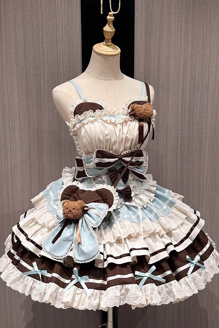 Green/Chocolate [First Love Bear] Multi-Layered Ruffle Bowknot Lace Sweet Lolita Jsk Dress