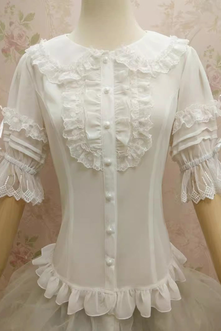 Doll Collar Short Trumpet Sleeves Lace Slim Chiffon Sweet Lolita Blouse 2 Colors