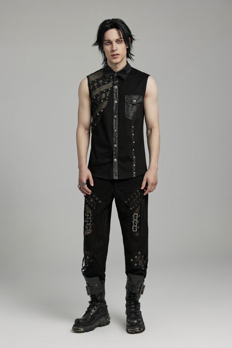 Black Hollow Stitching Lace-Up Mesh Men's Punk Vest