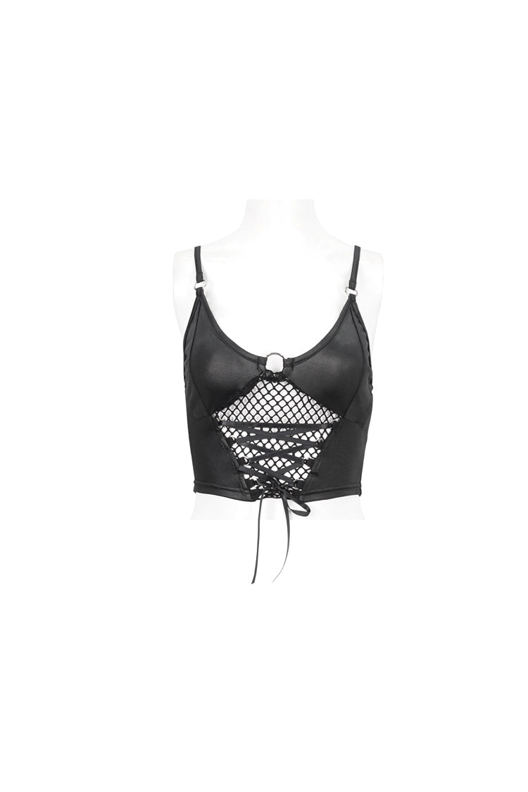 Black Knit Panel Mesh Metal Buckle Rope Adjustable Women's Gothic Camisole