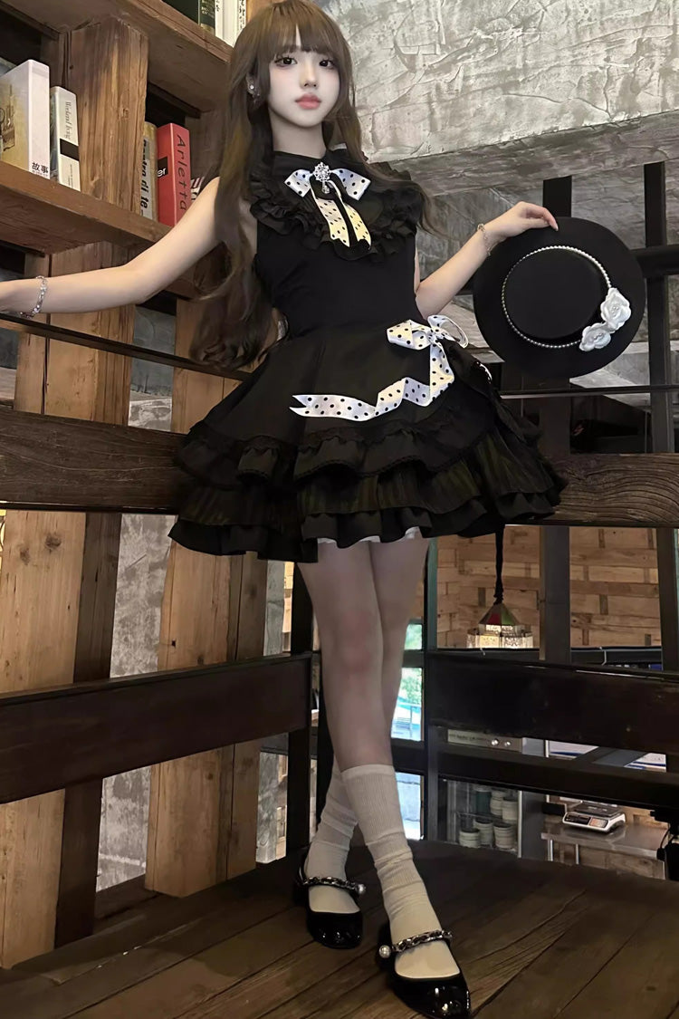 Schwarzes mehrlagiges Gothic Lolita Kleid mit Rüschen und Schleife im Polka Dots-Print