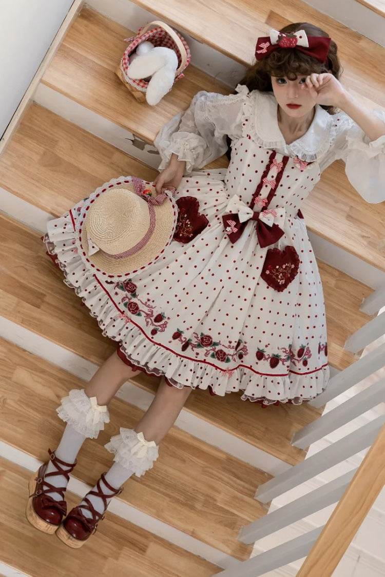 White [Strawberry Diary] Print Ruffle Bowknot Sweet Lolita Jsk Dress