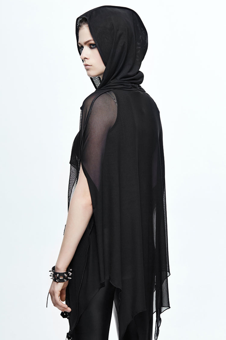 Black Mesh Wavy Sideline Long Women's Punk Hooded Bat Shawl