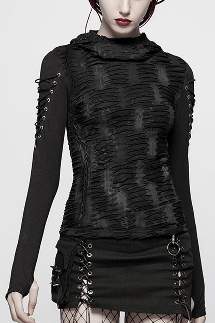 Black Long Sleeves Slim Hooded Ripped Women's Steampunk T-Shirt