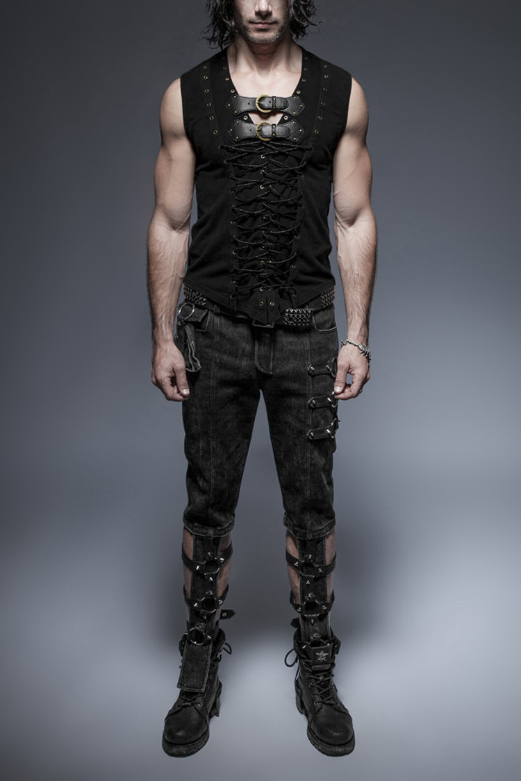 Black V-Neck Chest Leather Hasp Metal Rings Cross Lace-Up Men's Punk Vest