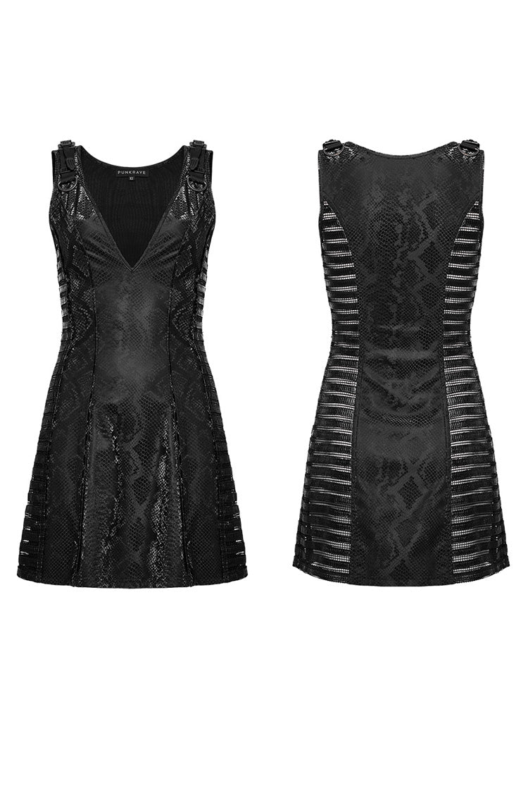 Black V Collar Sleeveless Snake Print Stitching Mesh Women's Punk Dress