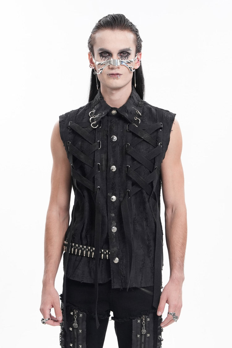 Black Lapel Collar Sleeveless Lace-Up Ripped Ring Men's Gothic Vest