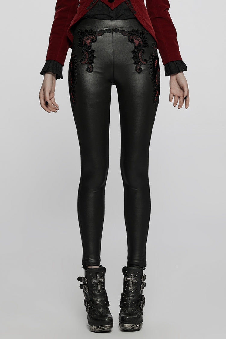 Black Hollow Embroidery Slim Faux Leather Women's Gothic Leggings