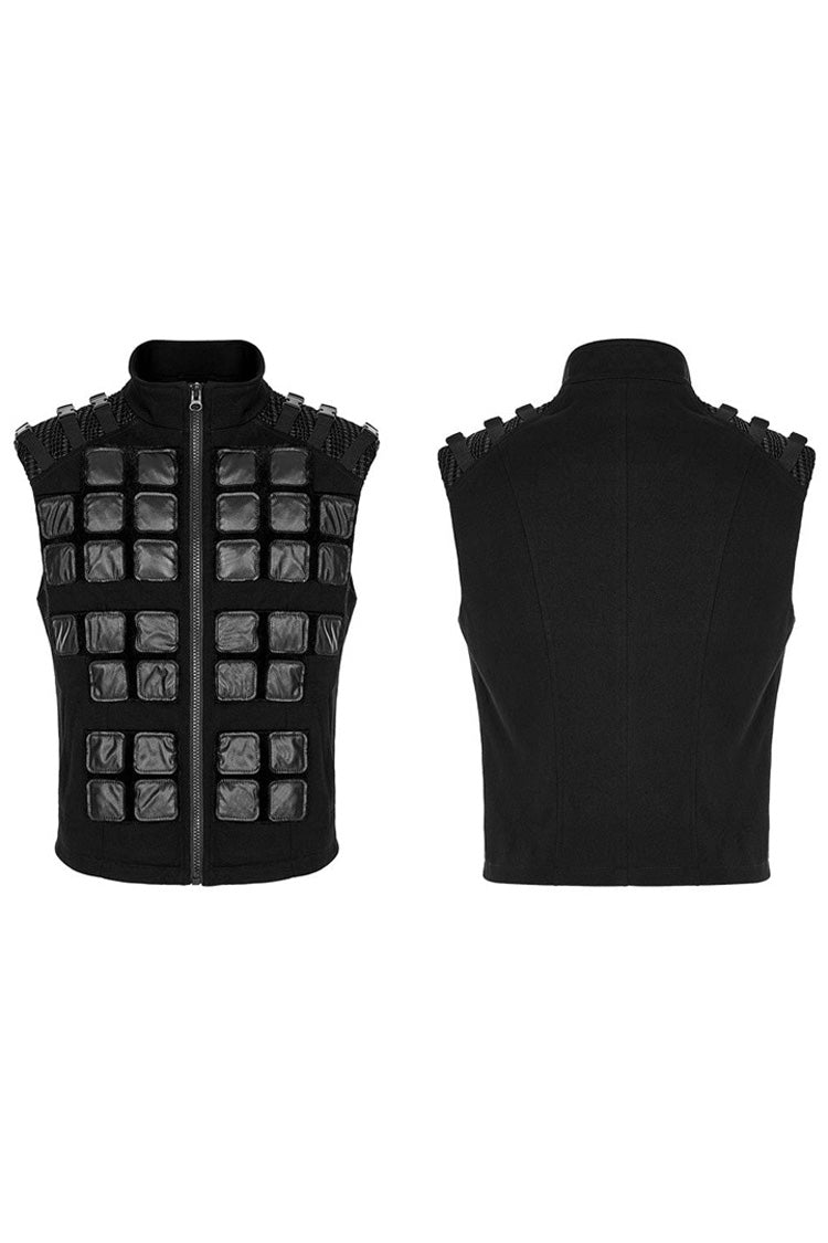 Black Punk High Collar Front Geometric Patterns Splicing Design Shoulder Padded Webbing Buckle Twill Men's Vest