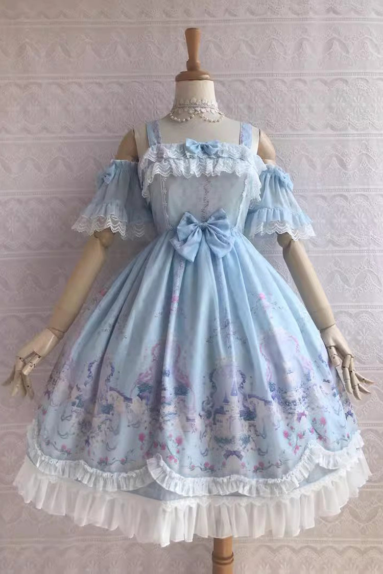 Süßes Lolita-JSK-Kleid mit Rüschen und Schleife im Unicorn's Secret Garden-Print, 7 Farben