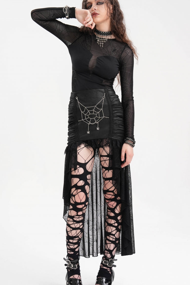 Black Chain Lace Irregular Hem Mesh Women's Gothic Skirt