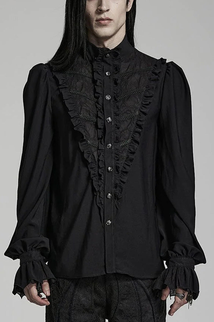 Black Stand Collar Ruffle Webbing Embellishment Mens Gothic Blouse