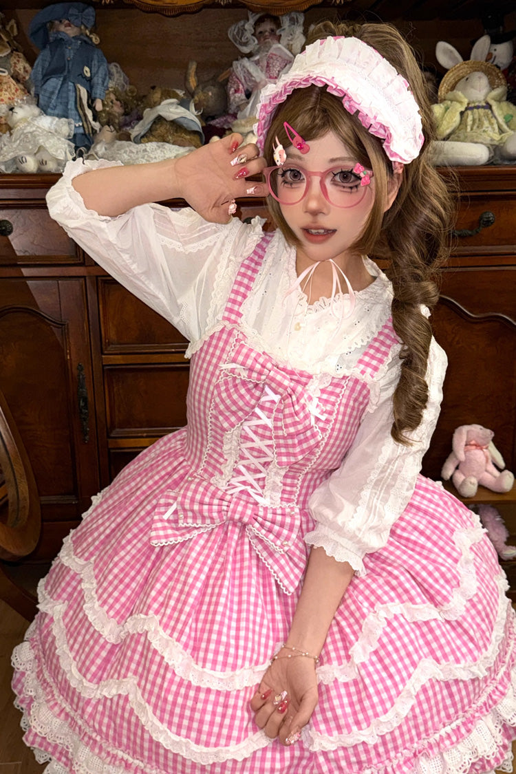 Pink Plaid Print Ruffle Bowknot Lace-Up Sweet Lolita Dress