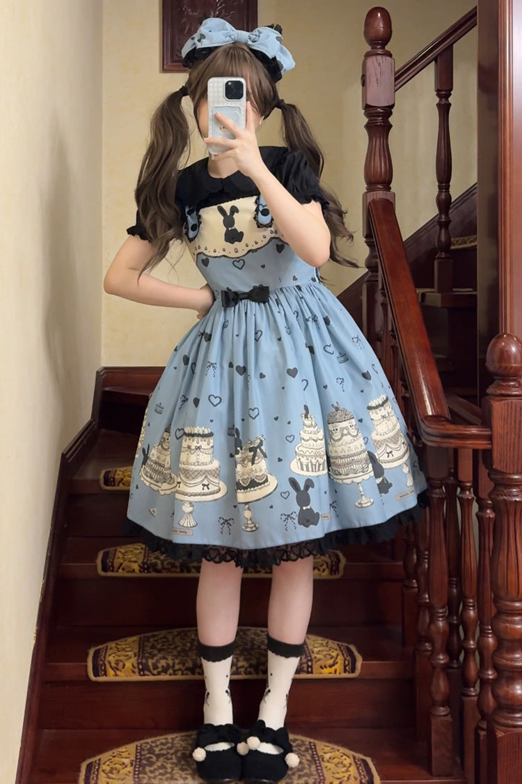 Blue Cake Bunny Print Bowknot Stitching Lace Sweet Lolita Jsk Dress