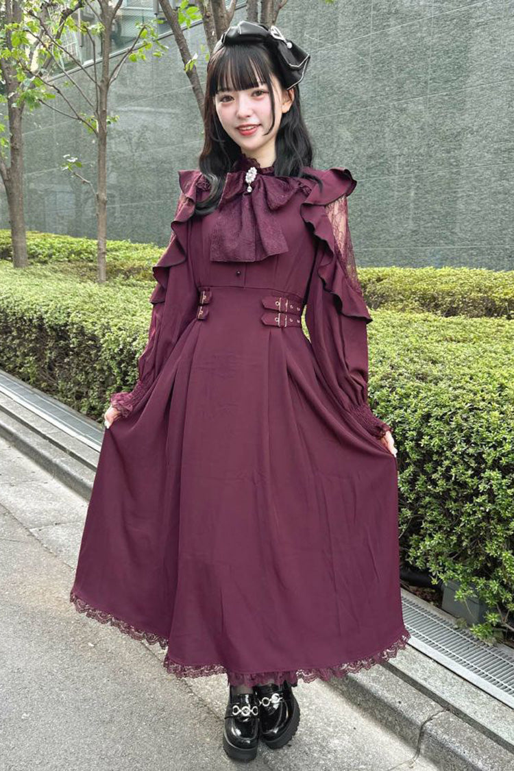 Rose Red Stand Collar Off Shoulder Long Sleeves Hollow Bowknot Slim Jirai Kei Japanese Dress