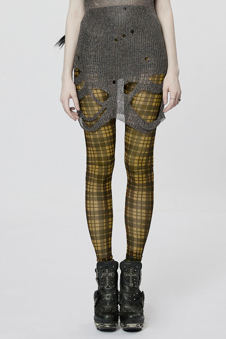 Plaid Print Slim Sheer Women's Steampunk Leggings 2 Colors