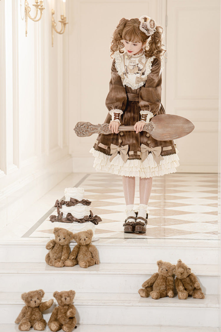 Brown [Chocolate Cat] Print Long Sleeves Ruffle Bowknot Sweet Lolita Dress