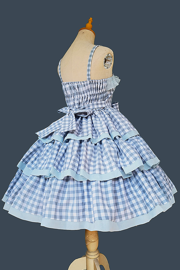 Blau [Cloth Cat] Süßes Lolita-Kleid mit dreilagigem Karomuster, Rüschen und Schleife, 2 Farben