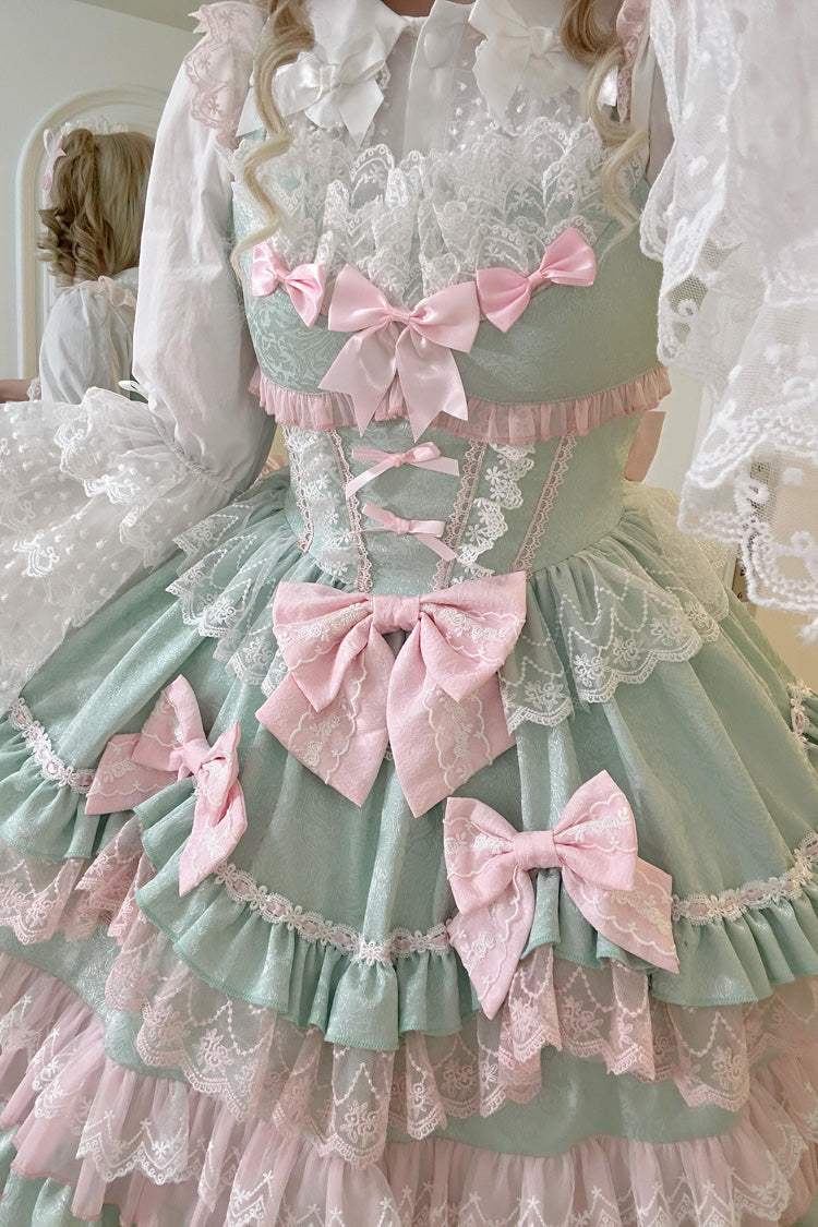 Süßes Lolita JSK Kleid in Grün mit mehrlagigem Rüschenmuster und Schleife