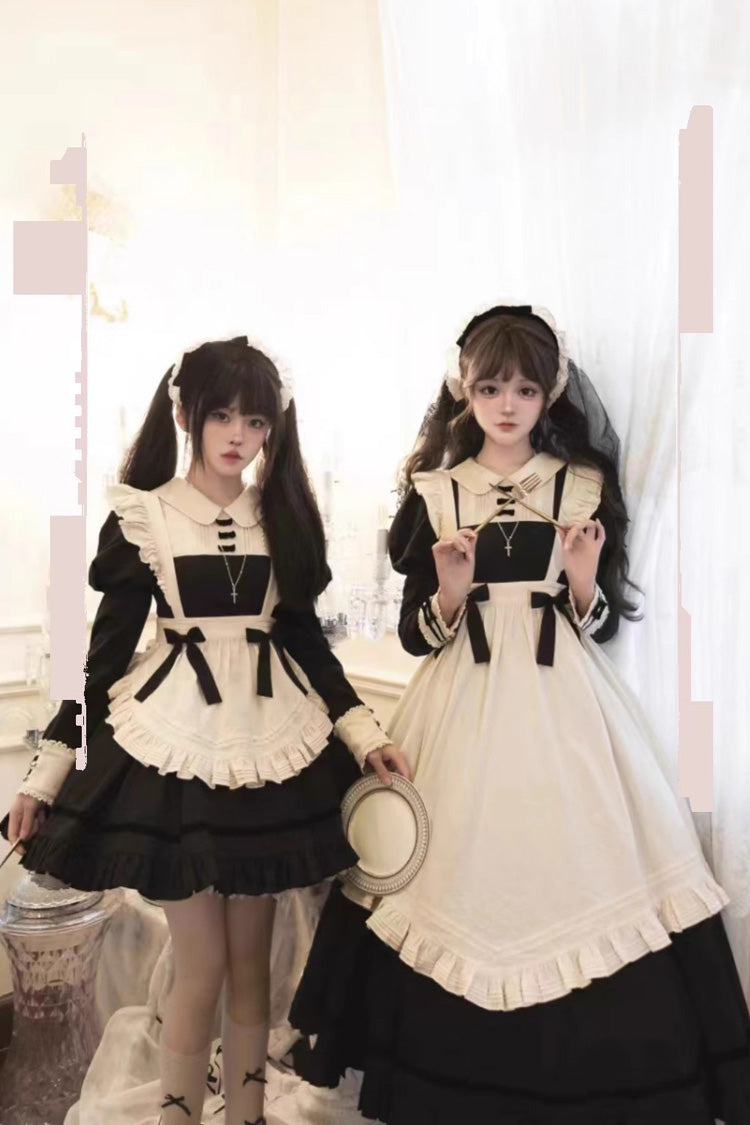 Black Maid Lapel Collar Short Sleeves Ruffle Sweet Classic Lolita Dress (Short or Long Version)