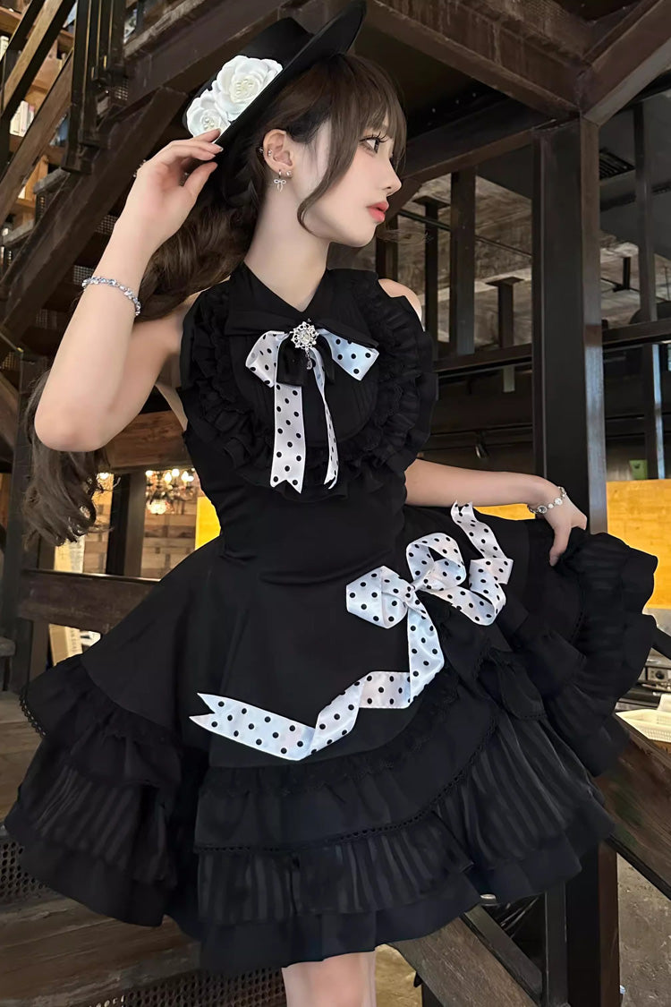 Schwarzes mehrlagiges Gothic Lolita Kleid mit Rüschen und Schleife im Polka Dots-Print