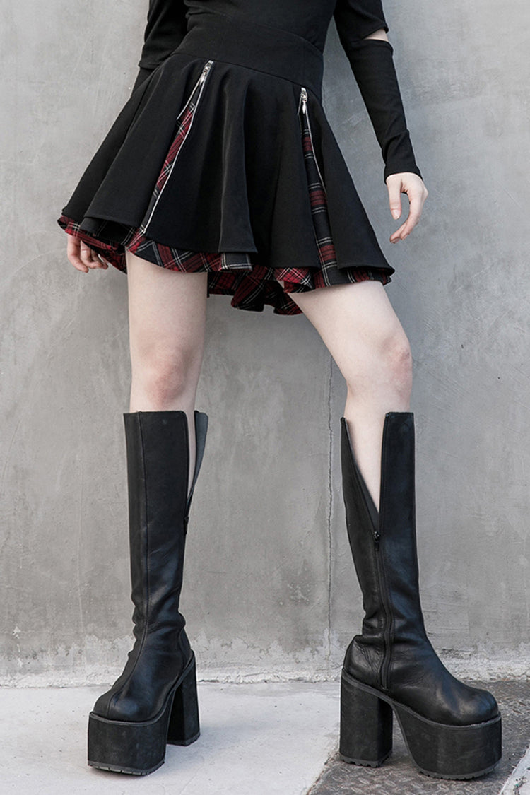 Black/Red Splice Plaid Metal Zipper Decoration Pleated Women's Punk Skirt