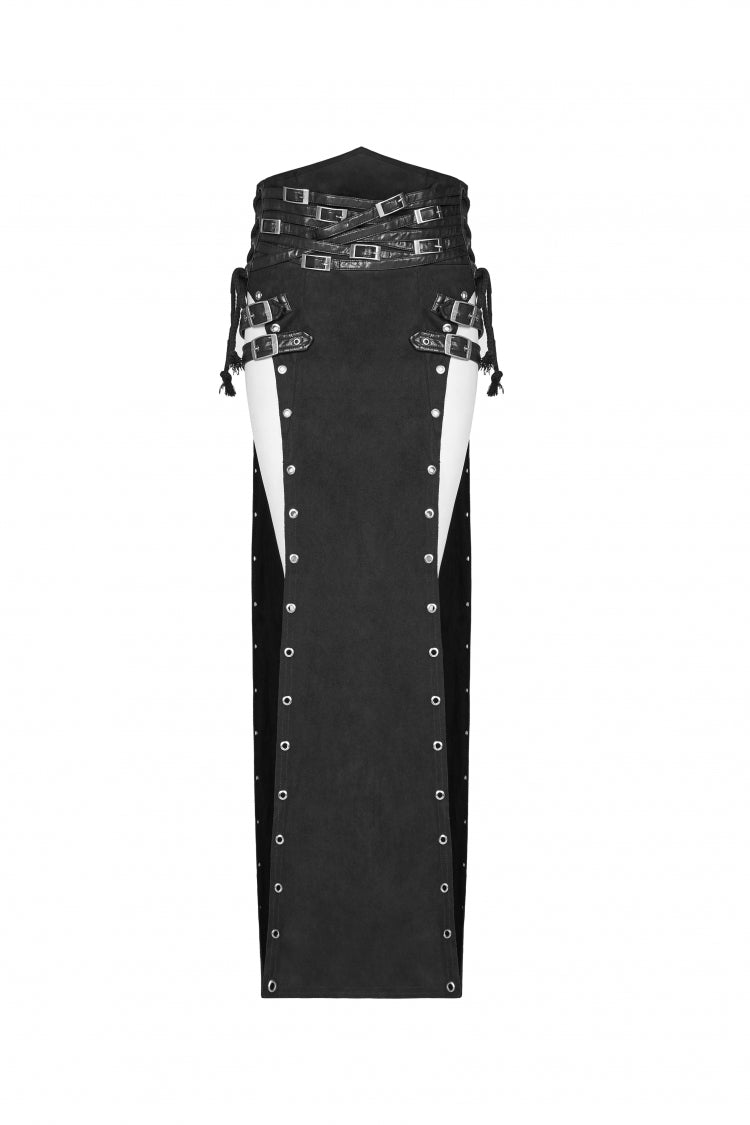 Black Metal Buckle PU Leather Buckle Lace-Up Sheer Women's Steampunk Long Skirt