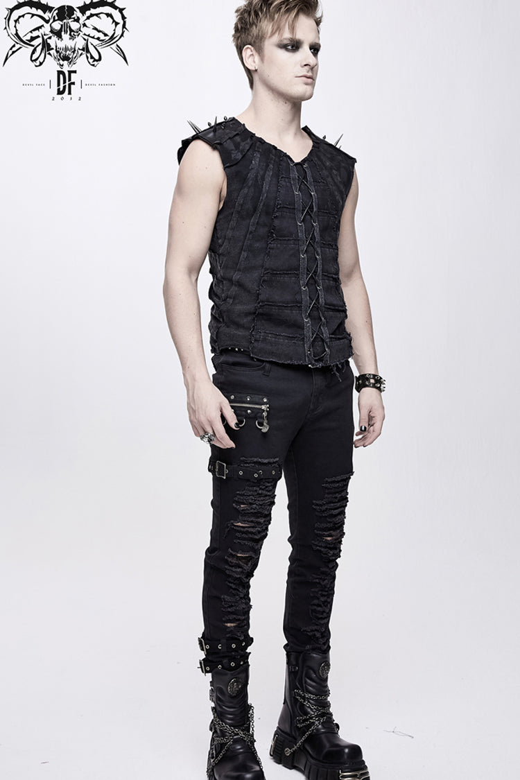 Black Patchwork Unedged Coarse Grain Leather Long Pointed Nails Distressed Men's Punk Vest