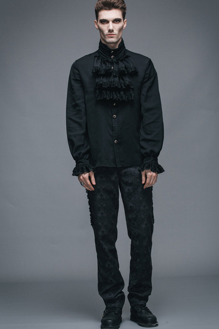 Black Ruffled Lace Button-Up Micro-bullet Chiffon Long Sleeve Men's Gothic Shirt