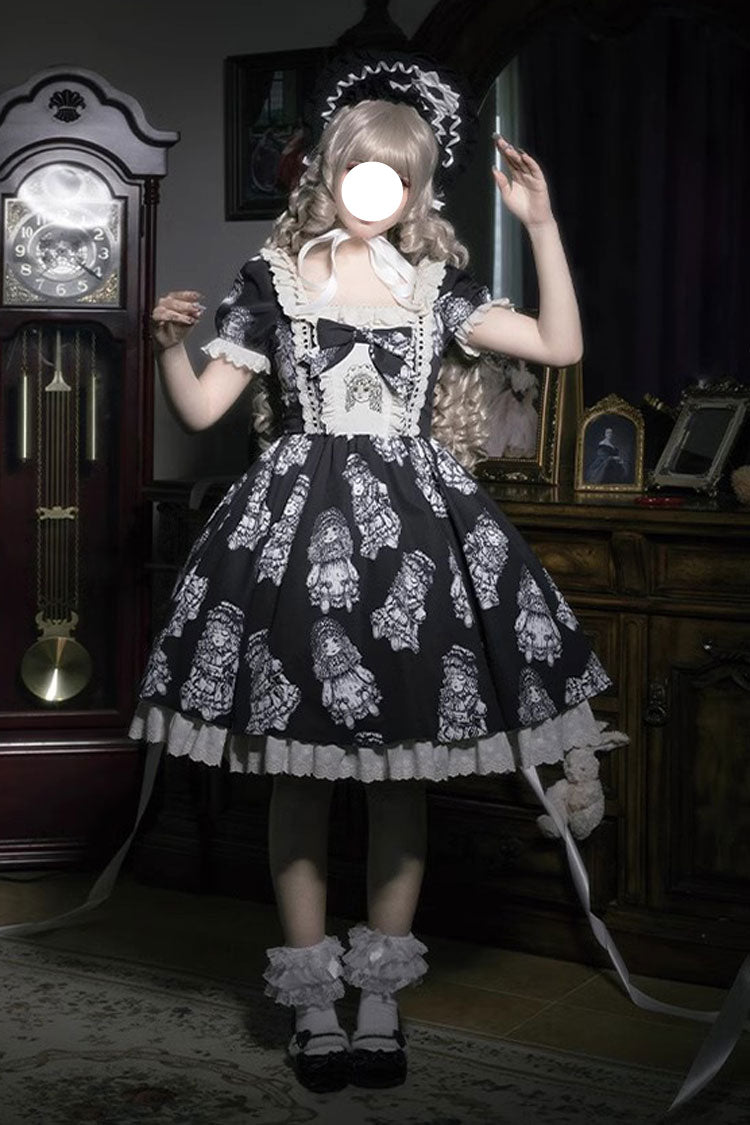 Doll Night Short Sleeves Print Ruffle Embroidery Bowknot Gothic Lolita Dress 2 Colors