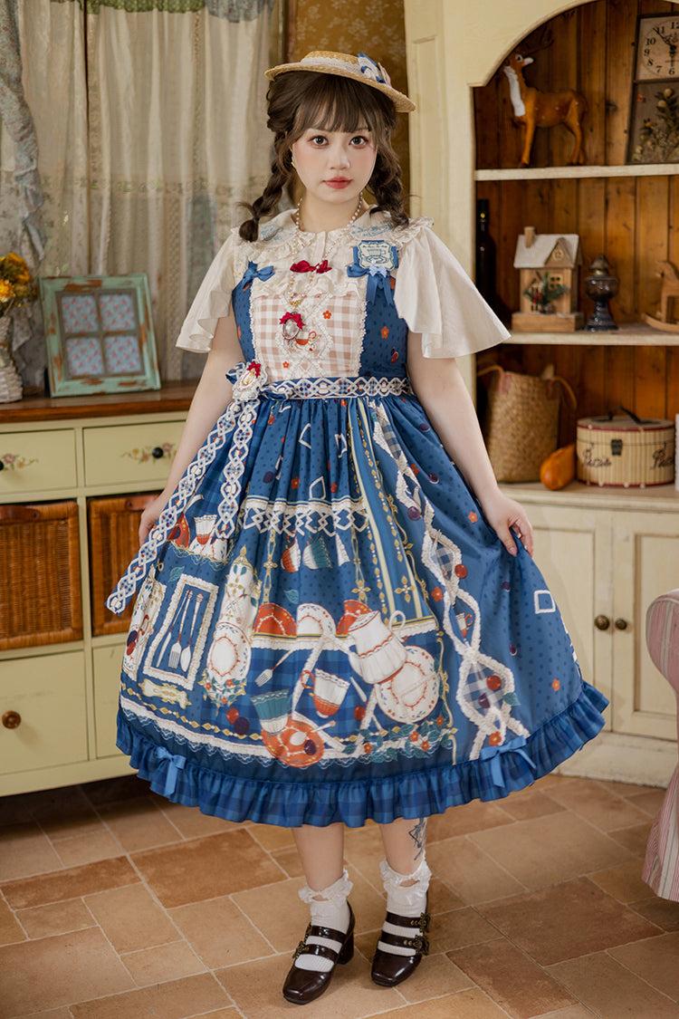 Dark Blue [Tea Party] Print Ruffle Bowknot Lace Sweet Elegant Lolita Jsk Dress