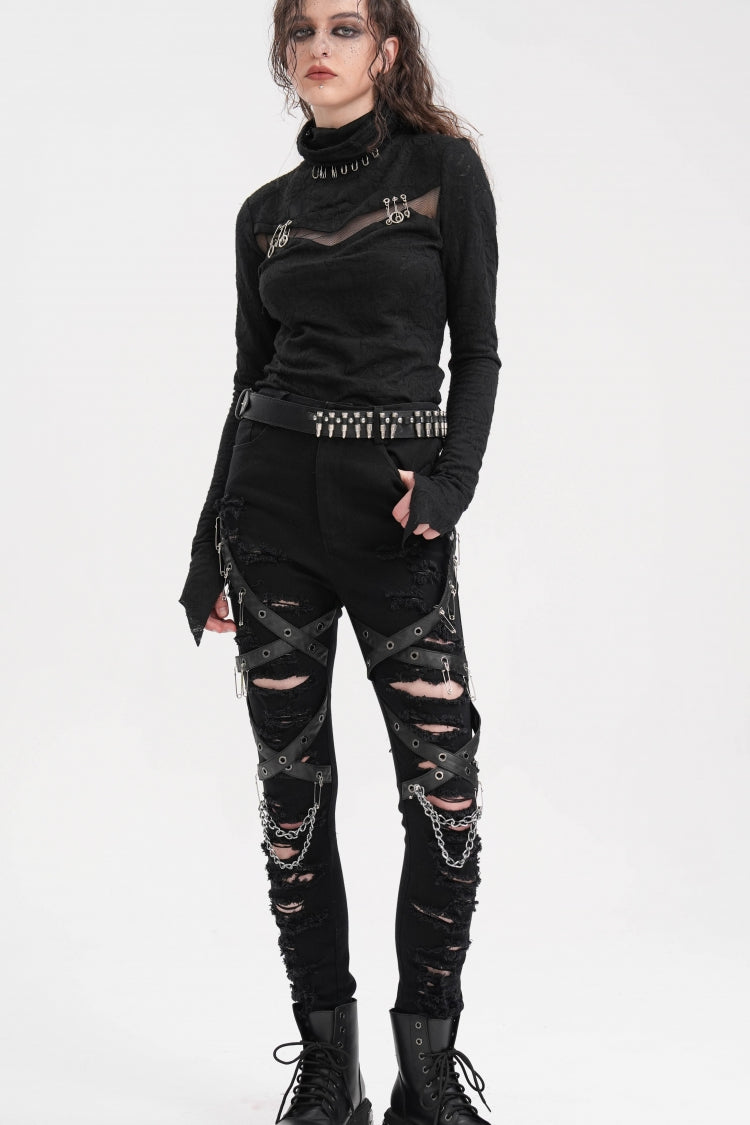 Black Chain Mesh Ripped Women's Punk Pants